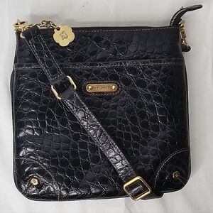 ​Eric Javits Black Embossed Leather Croc-Effect Crossbody Bag Gold Hardware